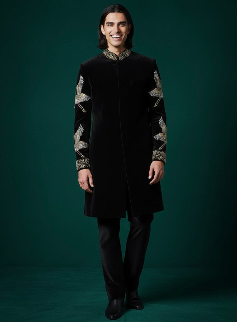Luxury Black Velvet Indo-Western with Hand Embroidery & Royal Shawl