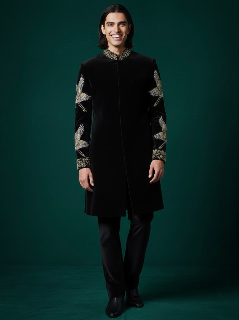 Luxury Black Velvet Indo-Western with Hand Embroidery & Royal Shawl