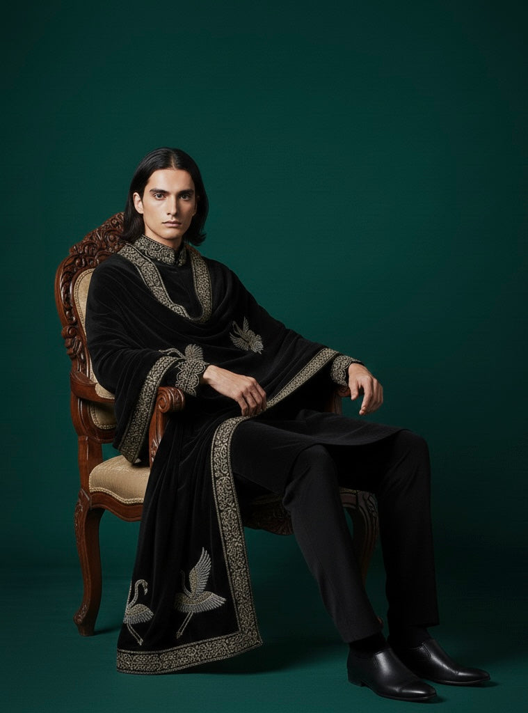 Luxury Black Velvet Indo-Western with Hand Embroidery & Royal Shawl