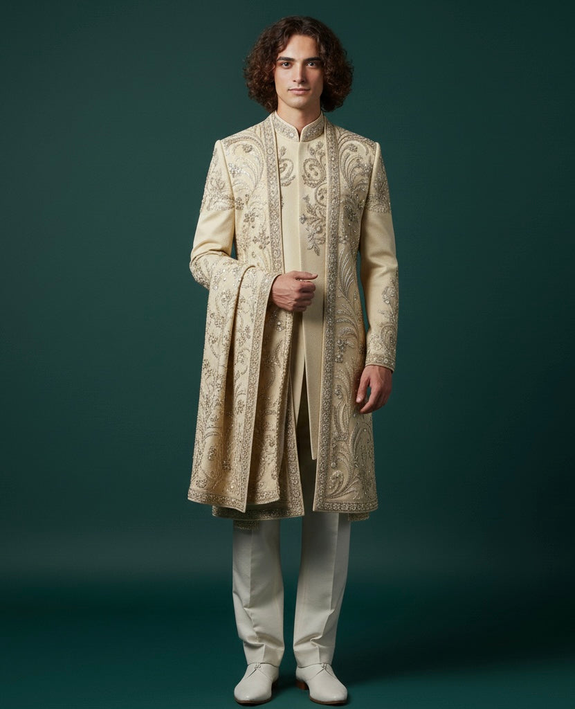 Cream Embroidered Sherwani for Men – Luxury Wedding Wear