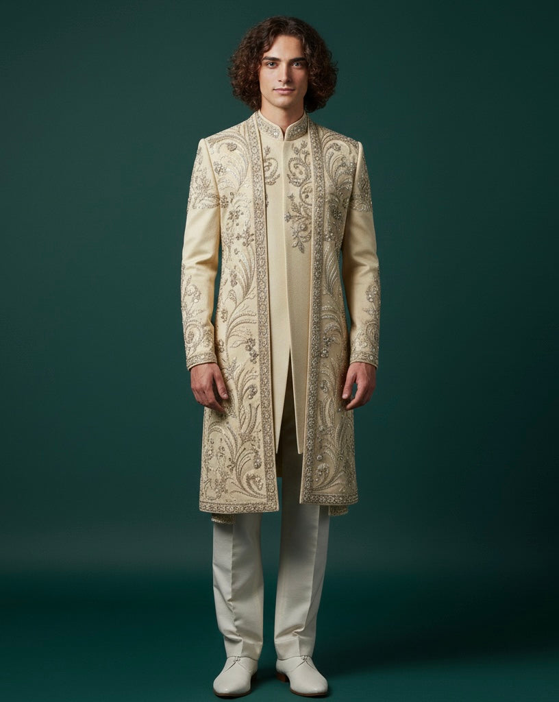 Cream Embroidered Sherwani for Men – Luxury Wedding Wear