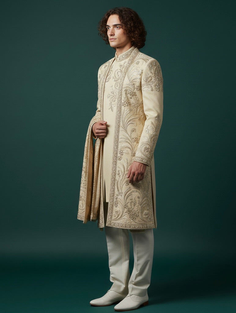 Cream Embroidered Sherwani for Men – Luxury Wedding Wear