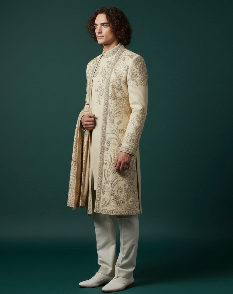 Cream Embroidered Sherwani for Men – Luxury Wedding Wear