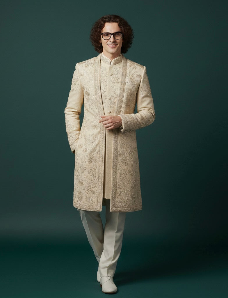 Cream Embroidered Sherwani for Men – Luxury Wedding Wear
