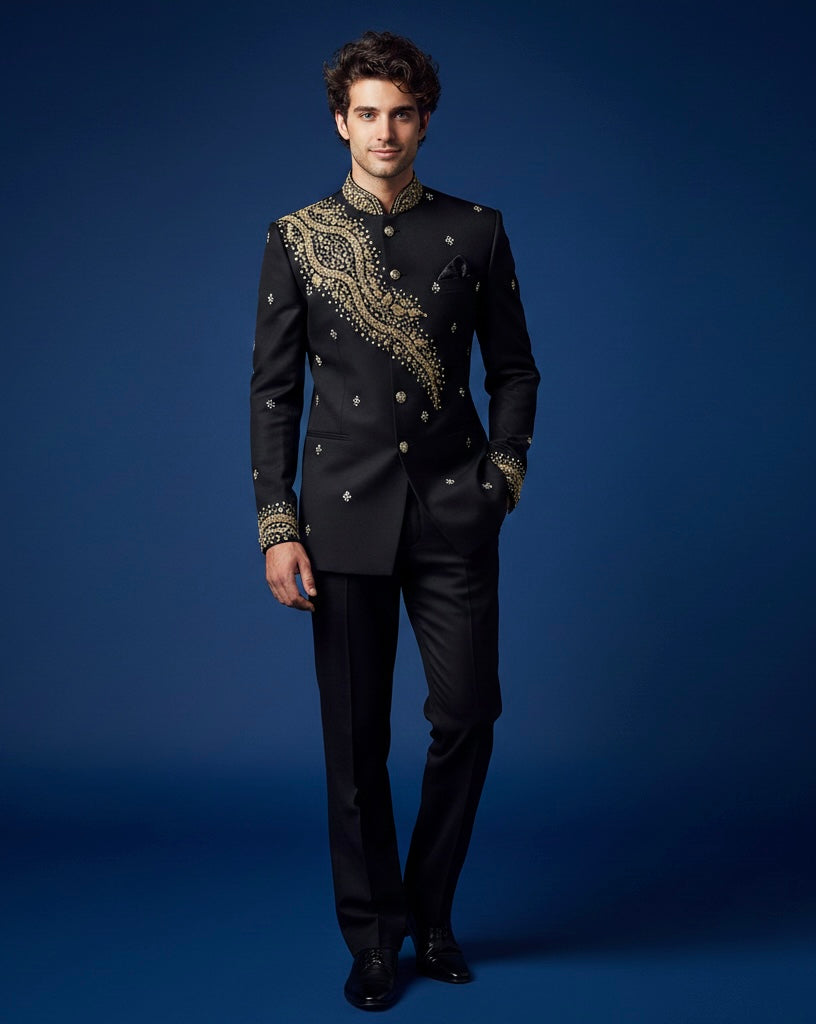 black luxury embroidered jodhpuri bandhgala suit for men wedding