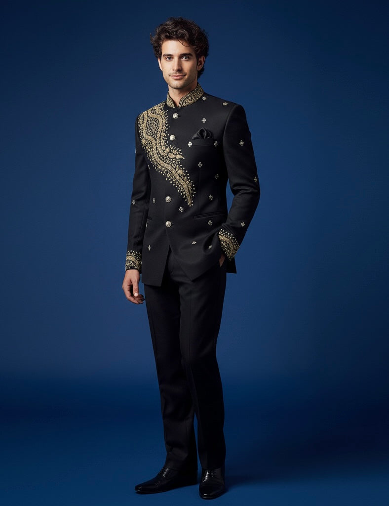 Luxury Black Hand-Embroidered Bandhgala Jodhpuri Suit for Men