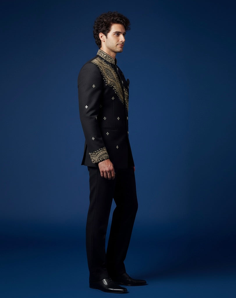 Luxury Black Hand-Embroidered Bandhgala Jodhpuri Suit for Men