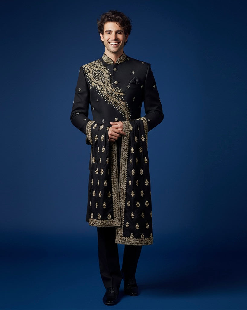 Luxury Black Hand-Embroidered Bandhgala Jodhpuri Suit for Men