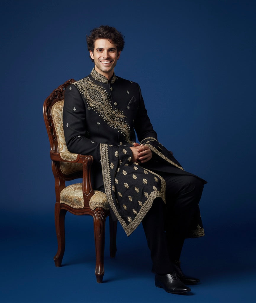 Luxury Black Hand-Embroidered Bandhgala Jodhpuri Suit for Men