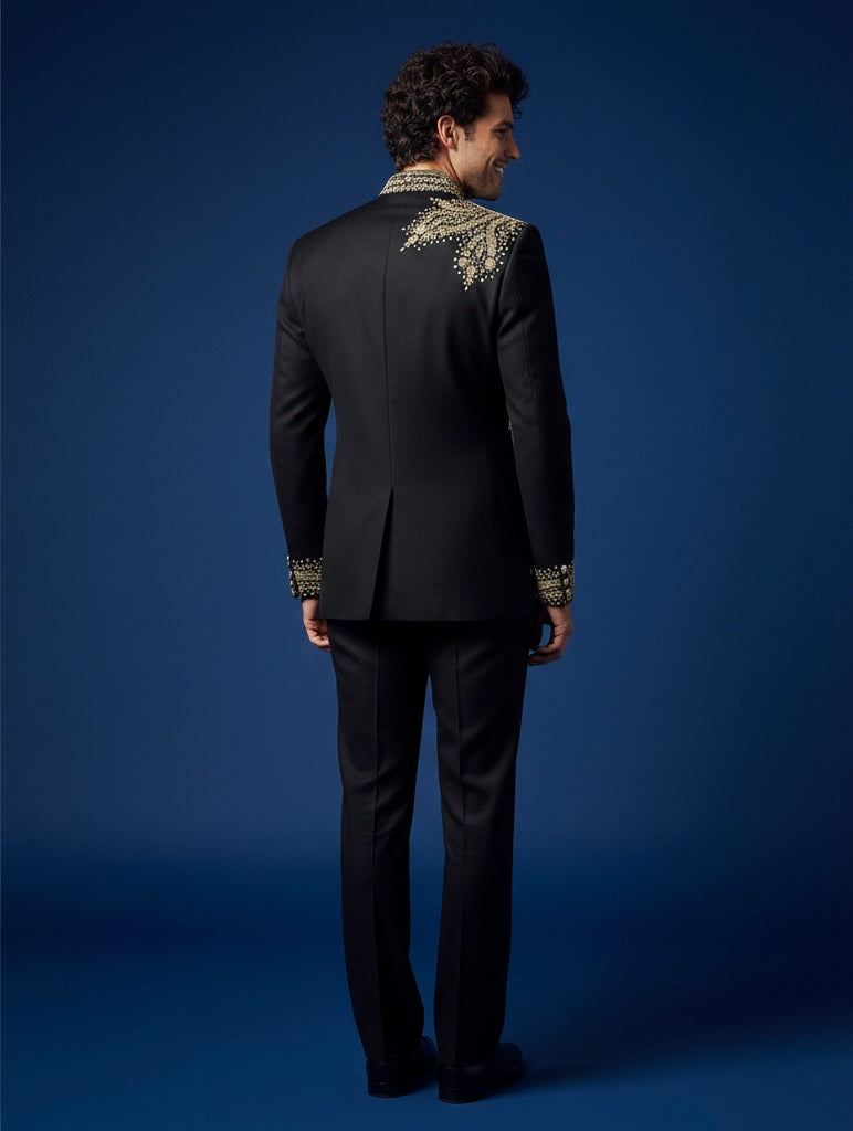 Luxury Black Hand-Embroidered Bandhgala Jodhpuri Suit for Men