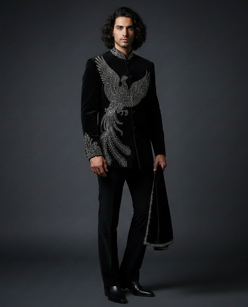 Royal Black Luxury Jodhpuri Indo Western Suit with Hand Embroidery