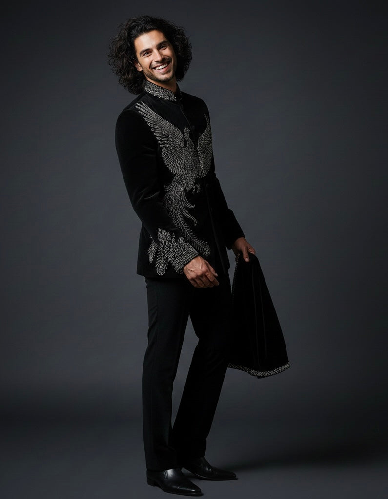 Royal Black Luxury Jodhpuri Indo Western Suit with Hand Embroidery