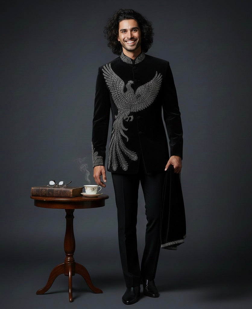 Royal Black Luxury Jodhpuri Indo Western Suit with Hand Embroidery