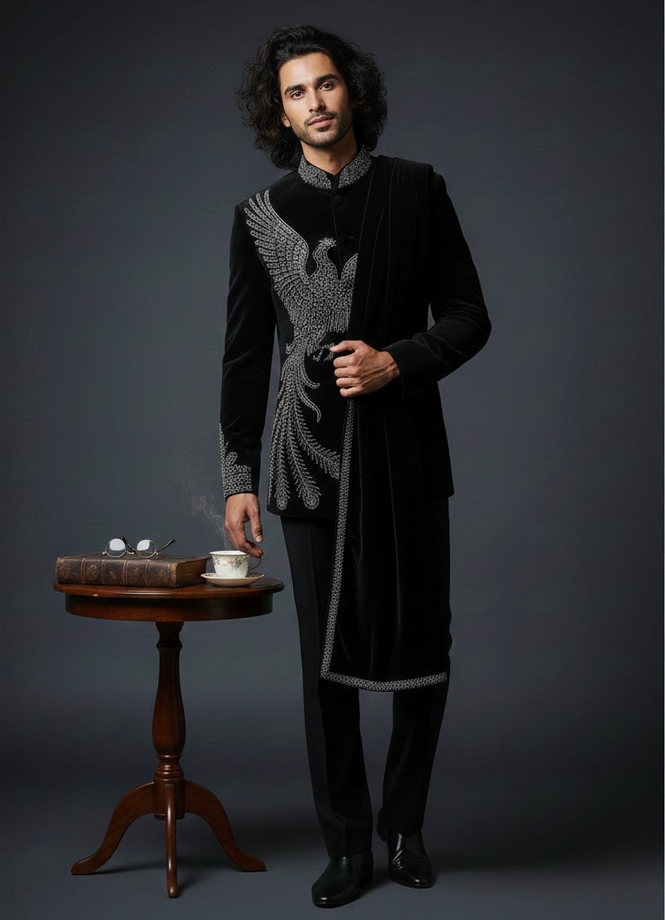 Royal Black Luxury Jodhpuri Indo Western Suit with Hand Embroidery