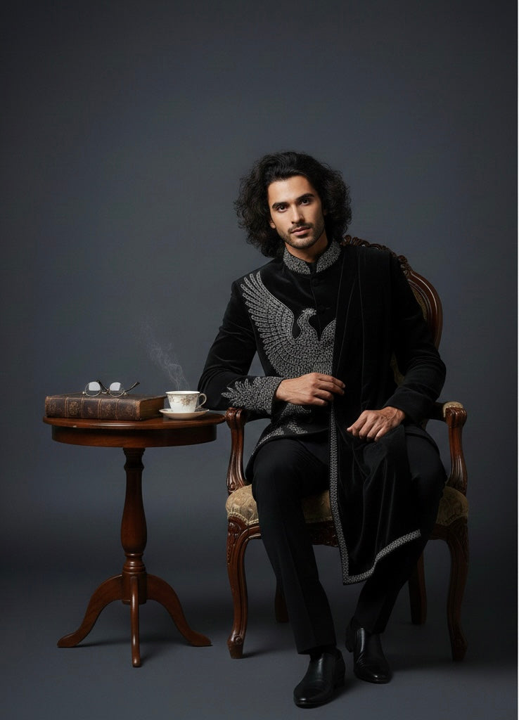 Royal Black Luxury Jodhpuri Indo Western Suit with Hand Embroidery