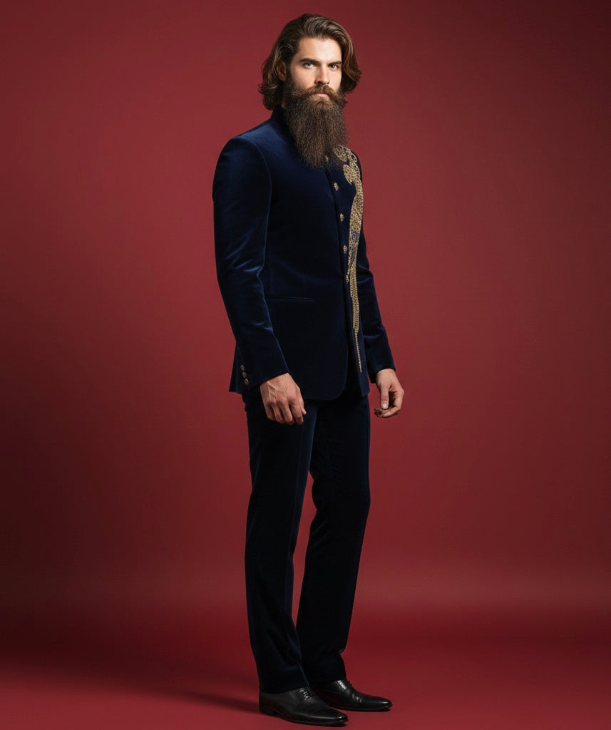 Royal Dark Blue Jodhpuri Suit with Bird Motif Hand Embroidery