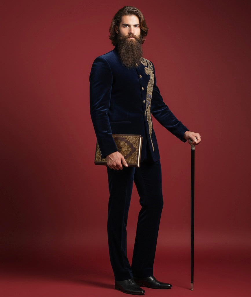 Royal Dark Blue Jodhpuri Suit with Bird Motif Hand Embroidery