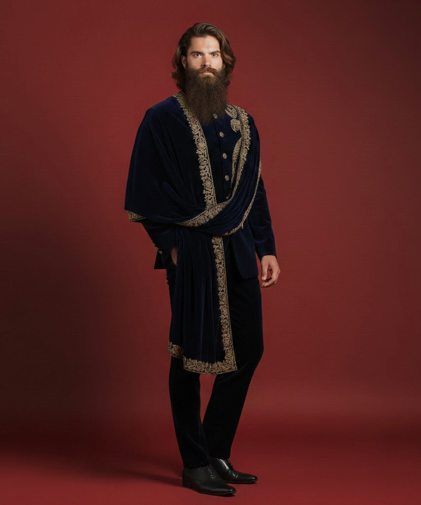 Royal Dark Blue Jodhpuri Suit with Bird Motif Hand Embroidery