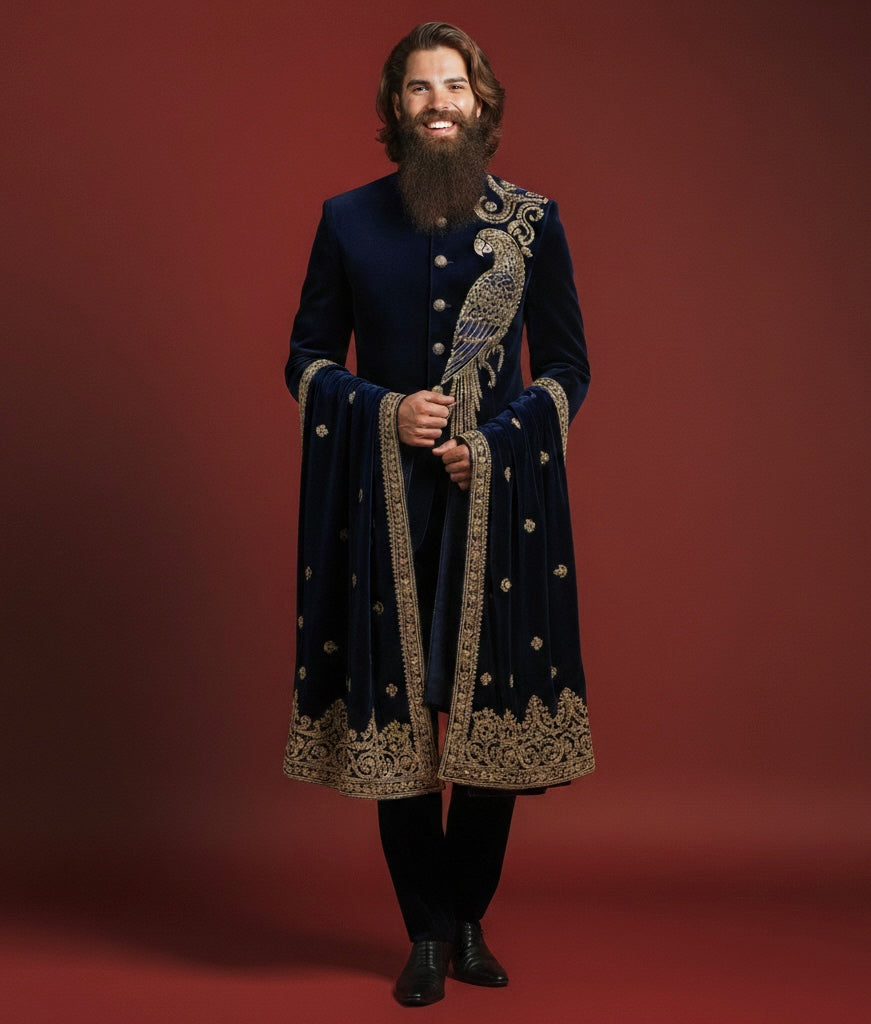Royal Dark Blue Jodhpuri Suit with Bird Motif Hand Embroidery