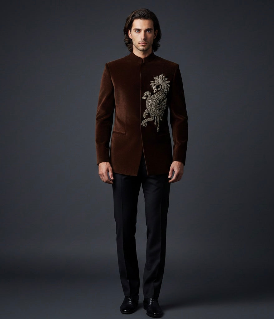 Man wearing a brown velvet suit with embroidery on a dark background