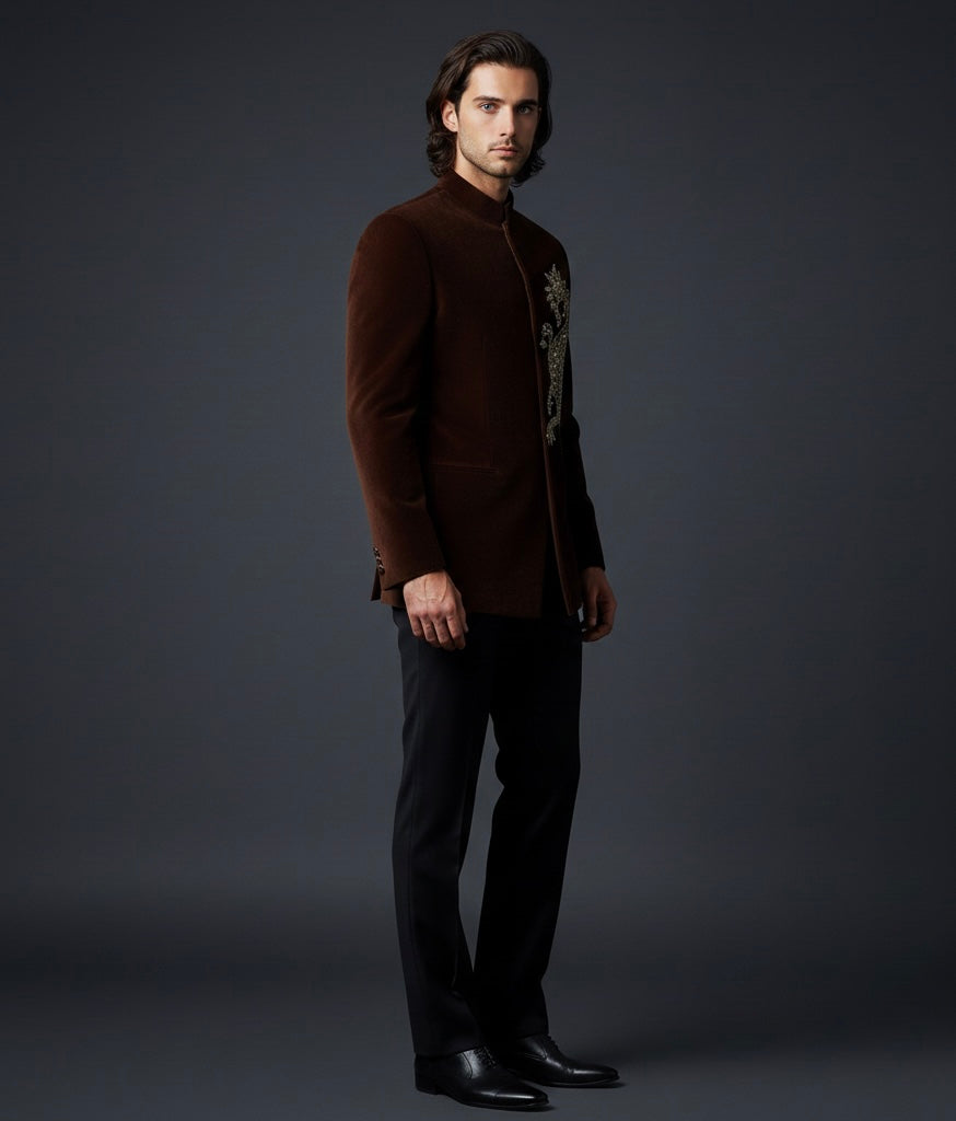 Royal Brown Velvet Suit with Black Pant & Luxury Hand Embroidery
