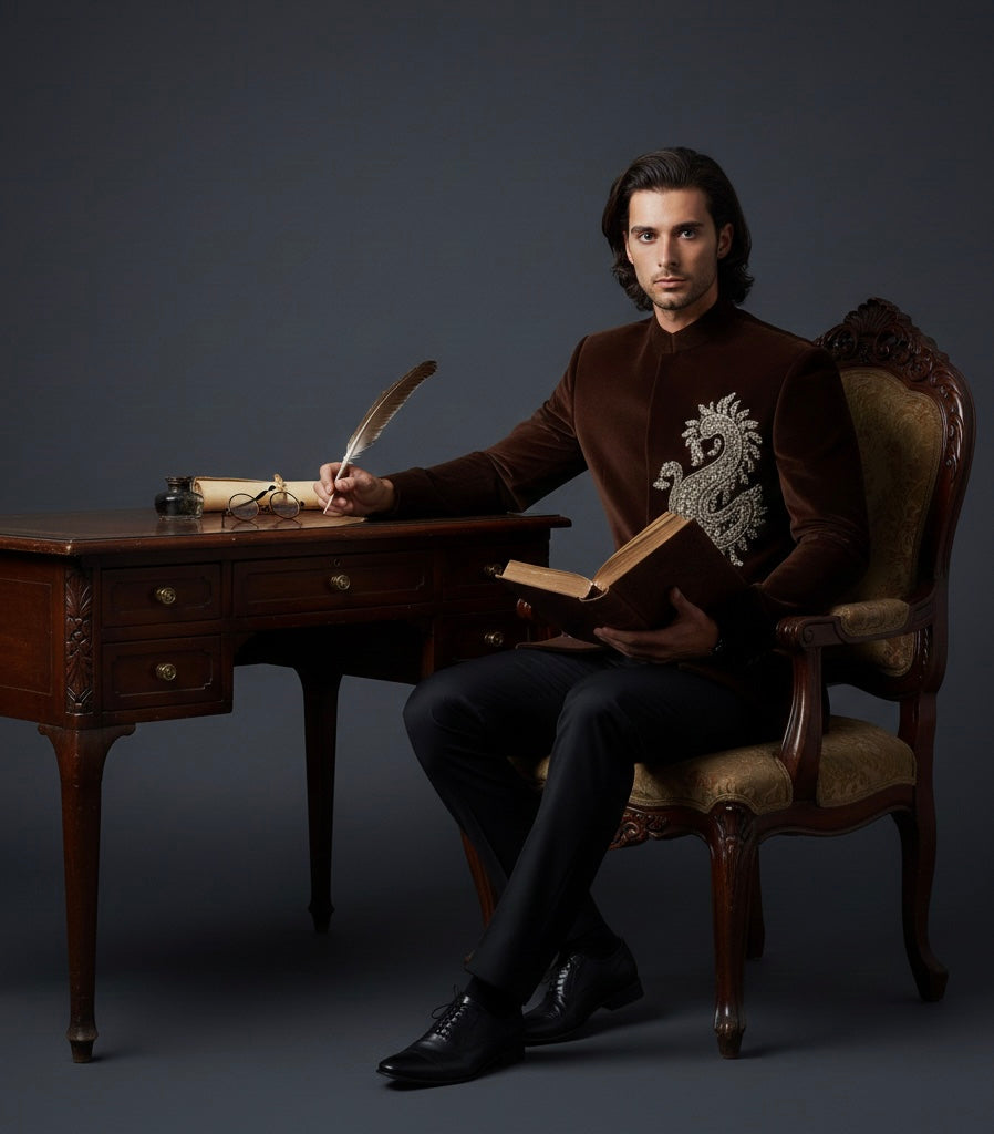 Royal Brown Velvet Suit with Black Pant & Luxury Hand Embroidery