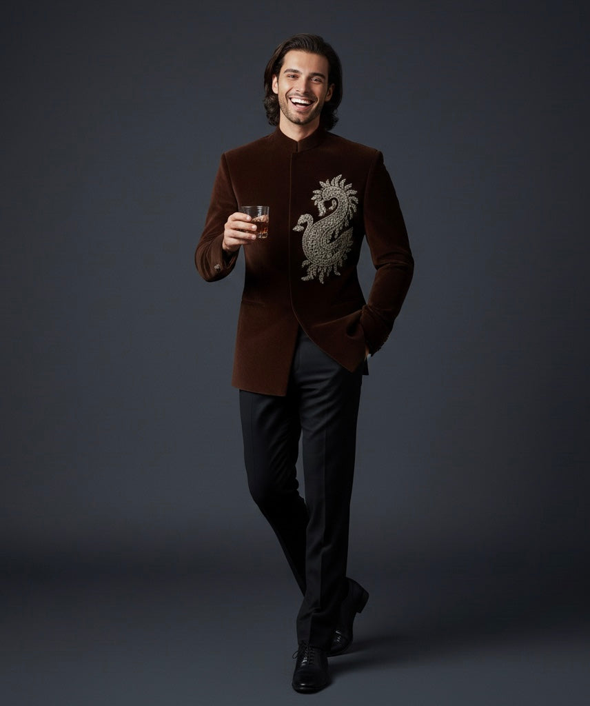 Royal Brown Velvet Suit with Black Pant & Luxury Hand Embroidery