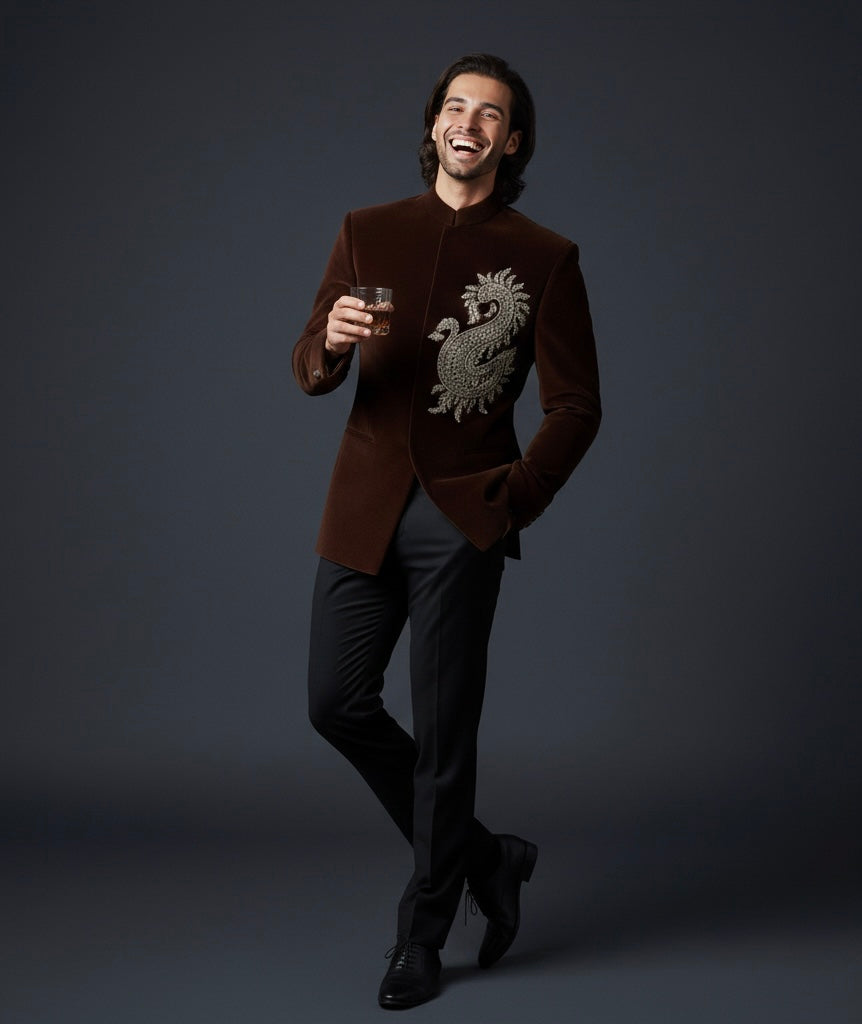 Royal Brown Velvet Suit with Black Pant & Luxury Hand Embroidery