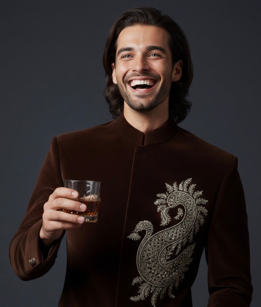 Royal Brown Velvet Suit with Black Pant & Luxury Hand Embroidery