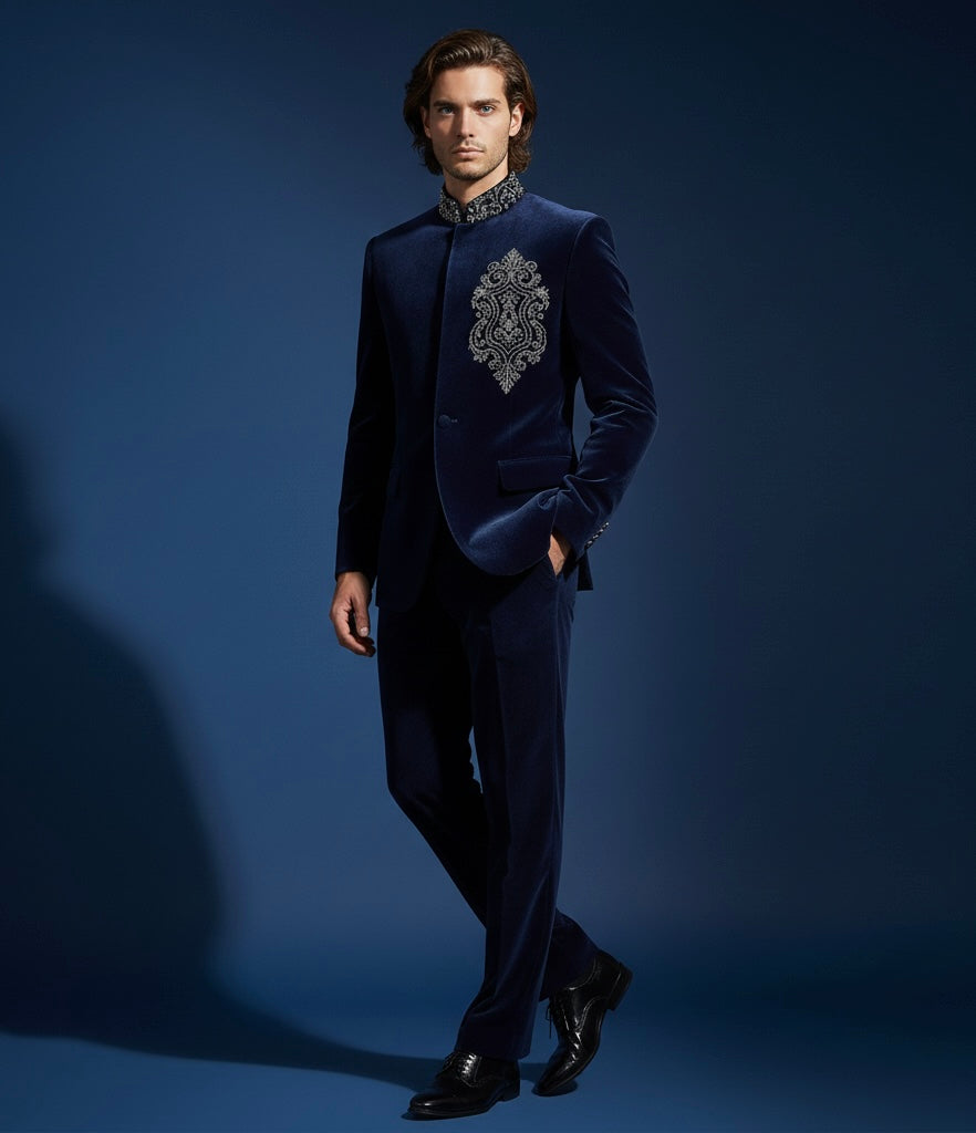 Royal Dark Blue Velvet Bandhgala Jodhpuri Suit with Luxury Hand Embroidery – Groom & Wedding Statement