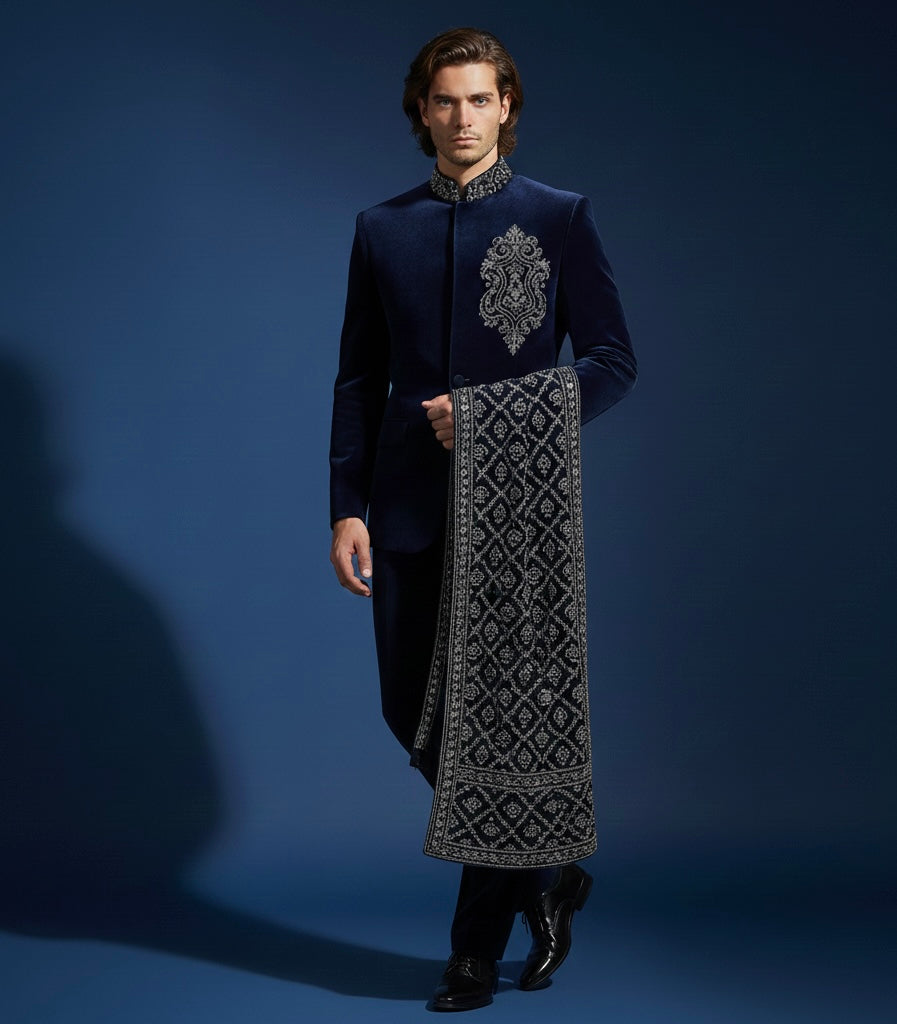Royal Dark Blue Velvet Bandhgala Jodhpuri Suit with Luxury Hand Embroidery – Groom & Wedding Statement