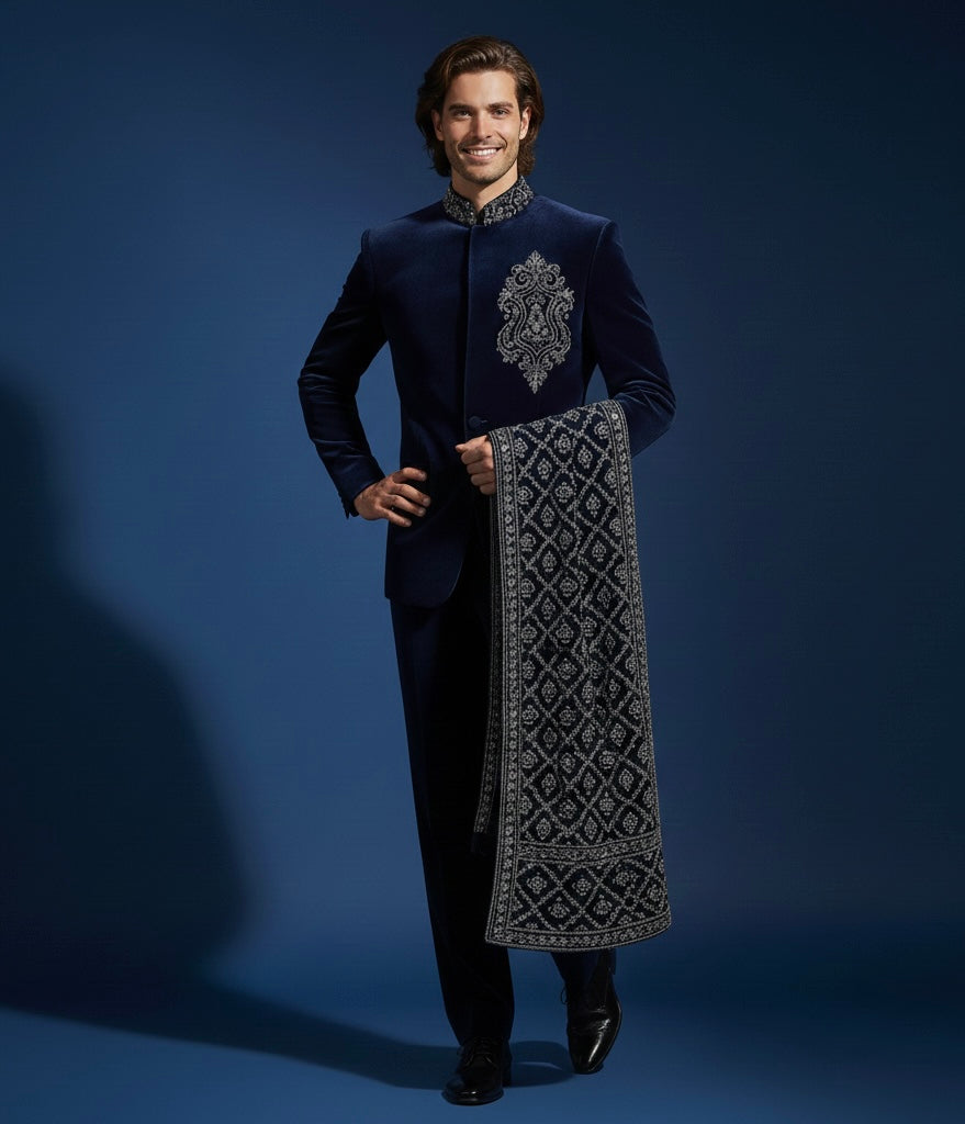 Royal Dark Blue Velvet Bandhgala Jodhpuri Suit with Luxury Hand Embroidery – Groom & Wedding Statement