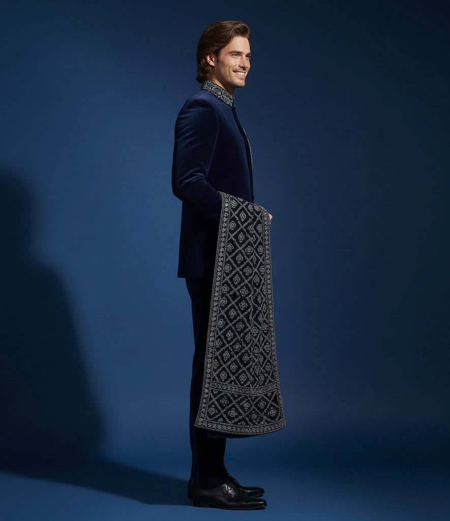 Royal Dark Blue Velvet Bandhgala Jodhpuri Suit with Luxury Hand Embroidery – Groom & Wedding Statement