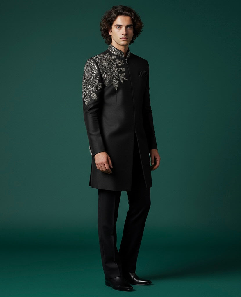 Royal Black Indo Sherwani with Intricate Luxury Hand Embroidery – Premium Groom Wedding Wear