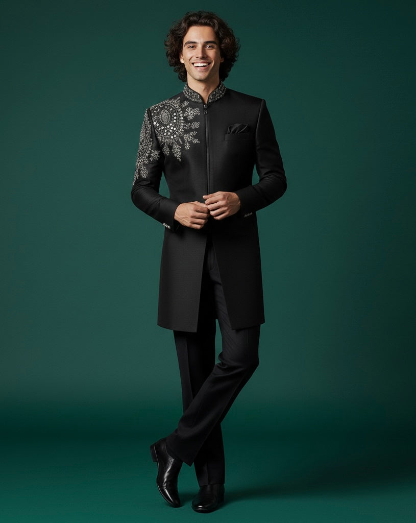 Royal Black Indo Sherwani with Intricate Luxury Hand Embroidery – Premium Groom Wedding Wear