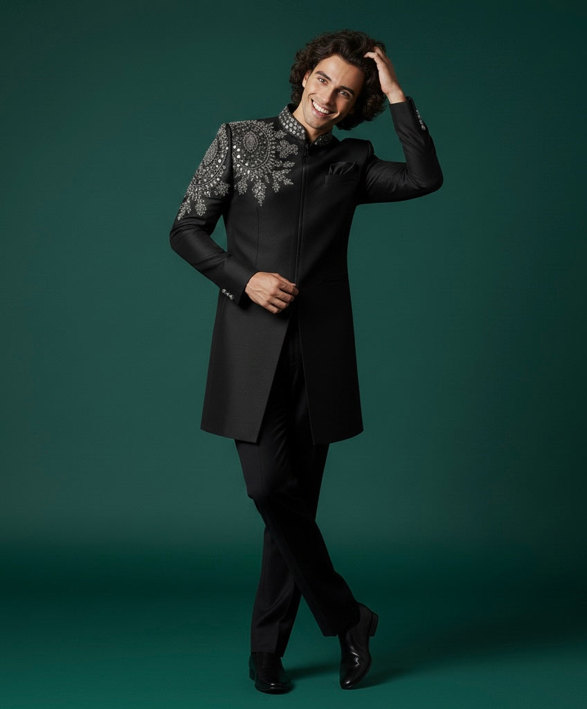 Royal Black Indo Sherwani with Intricate Luxury Hand Embroidery – Premium Groom Wedding Wear