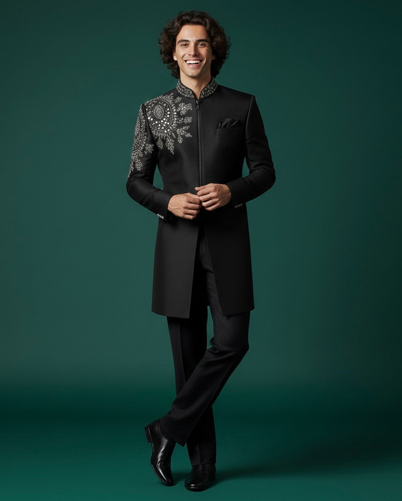 Royal Black Indo Sherwani with Intricate Luxury Hand Embroidery – Premium Groom Wedding Wear