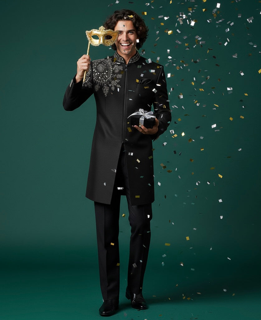 Royal Black Indo Sherwani with Intricate Luxury Hand Embroidery – Premium Groom Wedding Wear