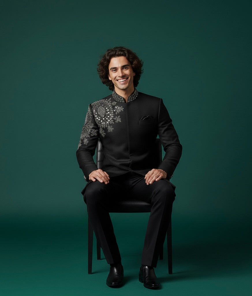 Royal Black Indo Sherwani with Intricate Luxury Hand Embroidery – Premium Groom Wedding Wear