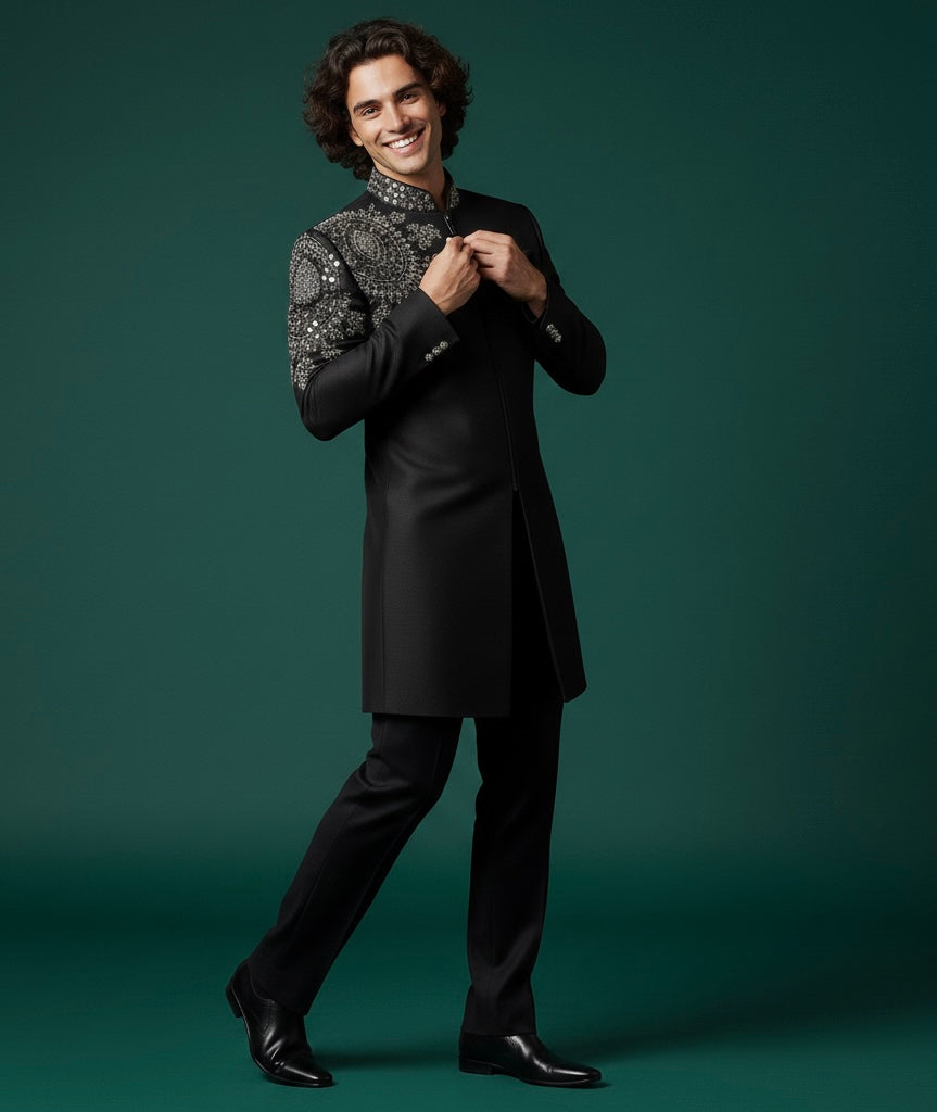 Royal Black Indo Sherwani with Intricate Luxury Hand Embroidery – Premium Groom Wedding Wear