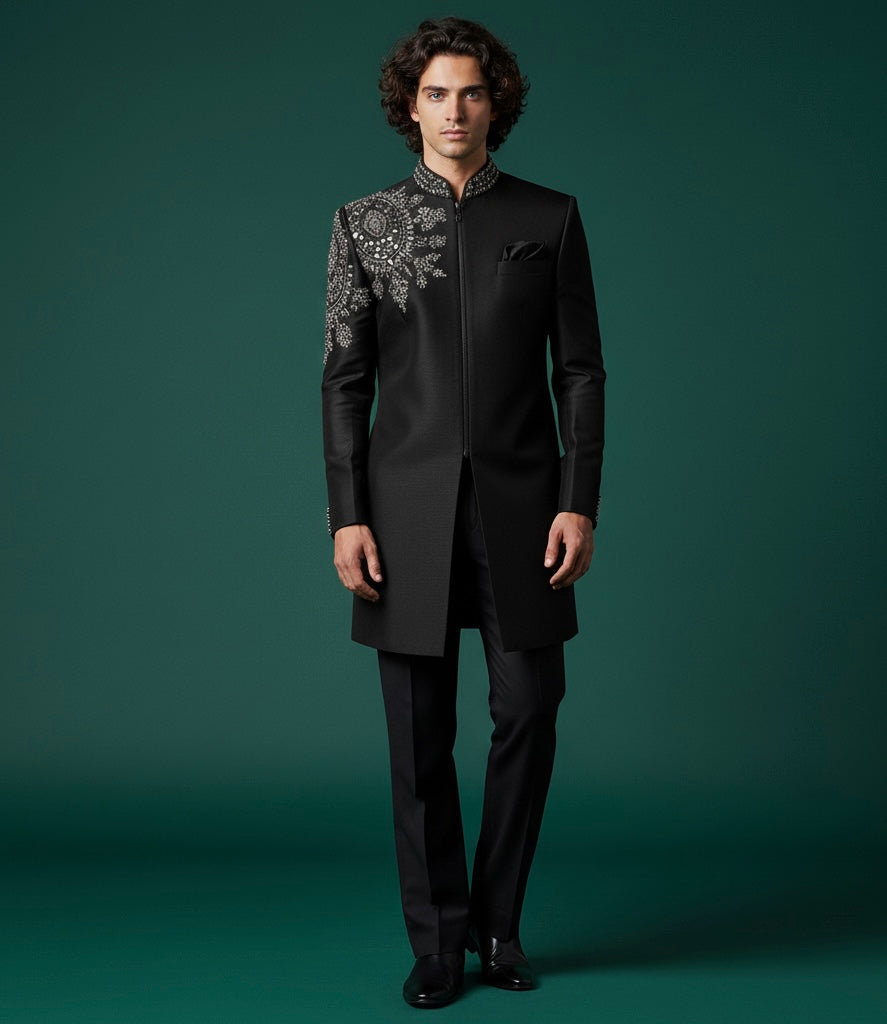 Royal Black Indo Sherwani with Intricate Luxury Hand Embroidery – Premium Groom Wedding Wear