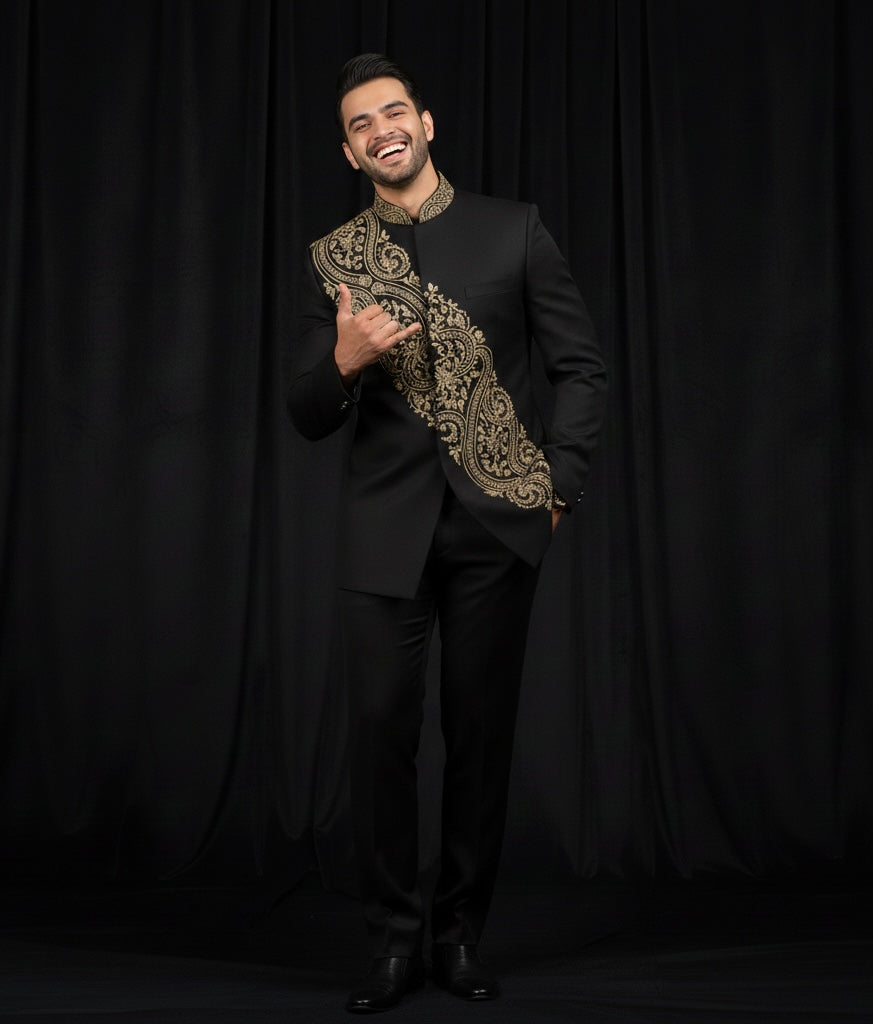 Royal Black Jodhpuri Bandhgala Suit with Gold Embroidery