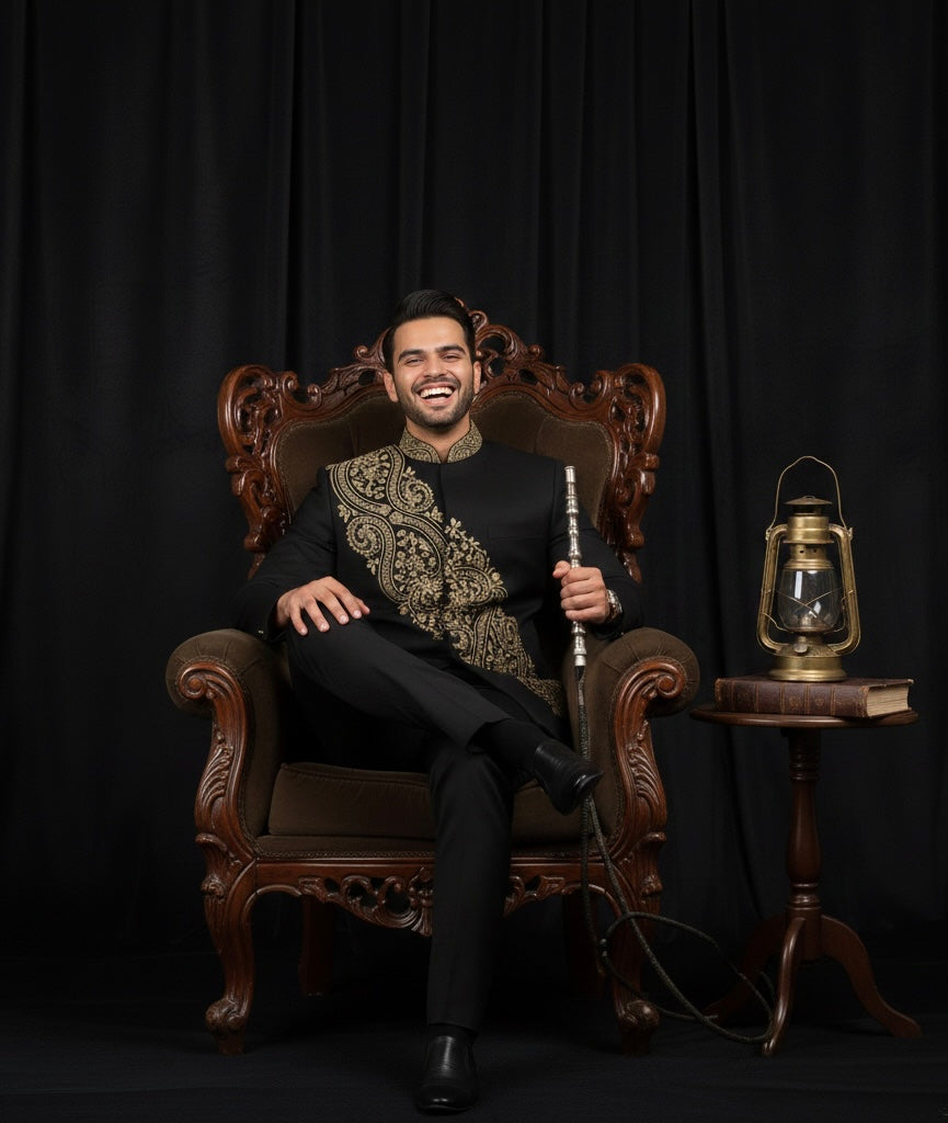 Royal Black Jodhpuri Bandhgala Suit with Gold Embroidery