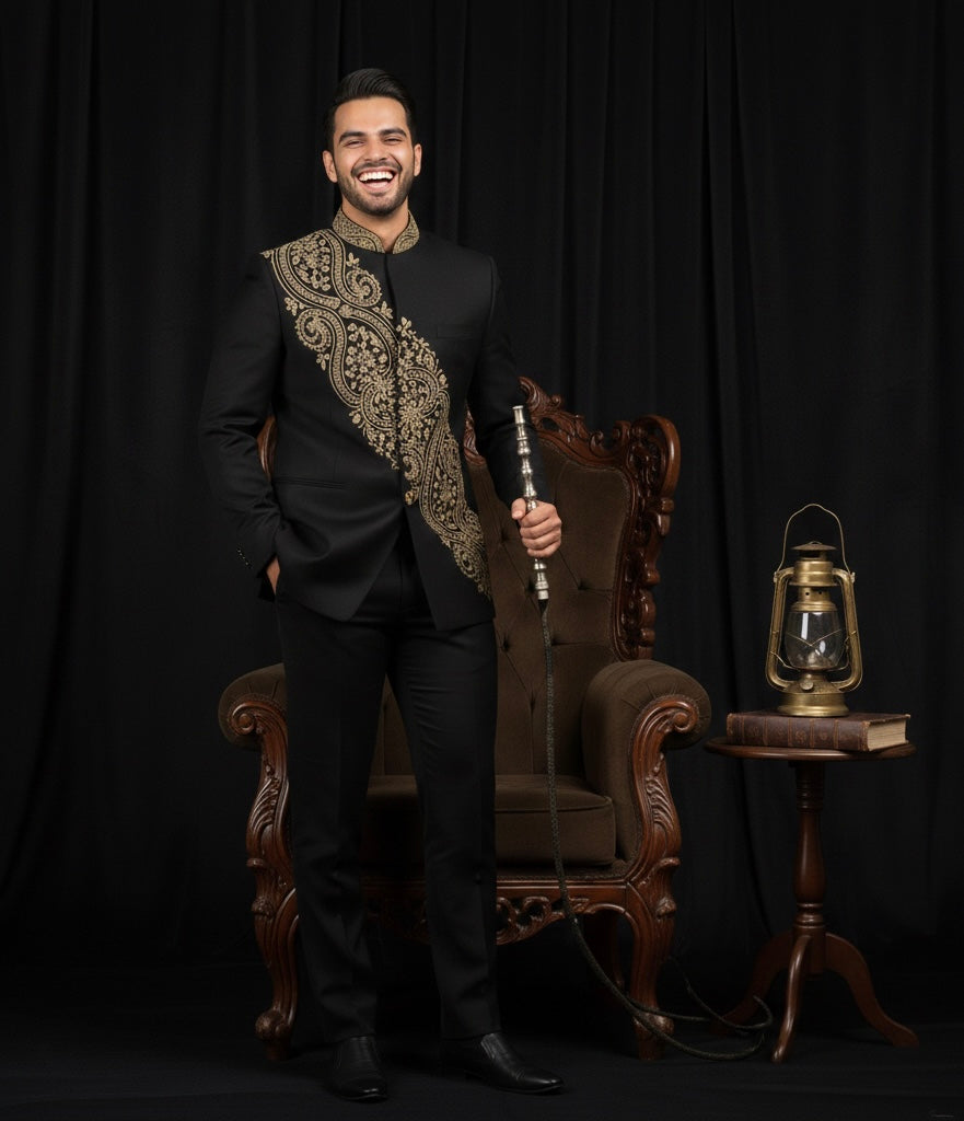 Royal Black Jodhpuri Bandhgala Suit with Gold Embroidery