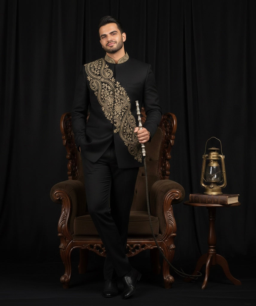 Royal Black Jodhpuri Bandhgala Suit with Gold Embroidery