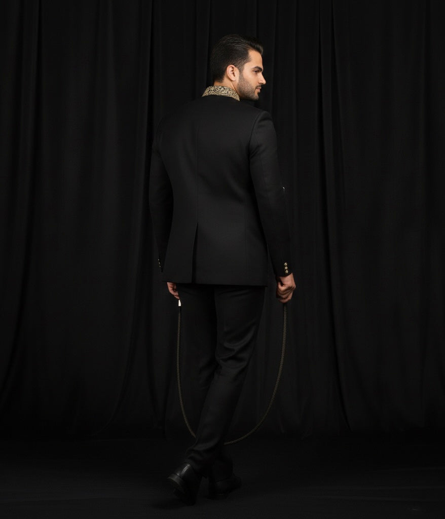 Royal Black Jodhpuri Bandhgala Suit with Gold Embroidery