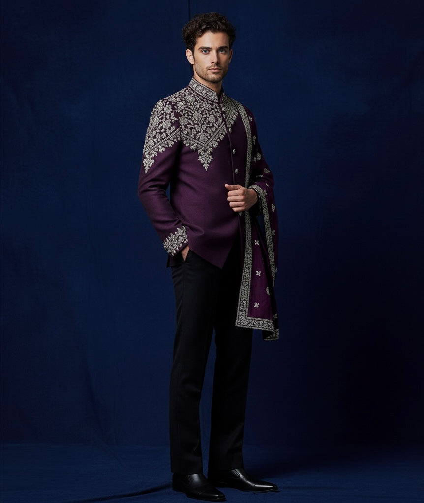 Royal Purple Jodhpuri Suit with Hand Embroidered Shawl – Luxury Designer Bandhgala