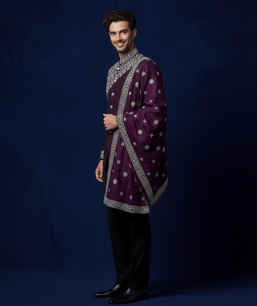 Royal Purple Jodhpuri Suit with Hand Embroidered Shawl – Luxury Designer Bandhgala