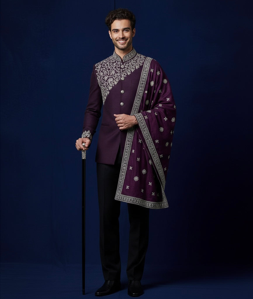 Royal Purple Jodhpuri Suit with Hand Embroidered Shawl – Luxury Designer Bandhgala