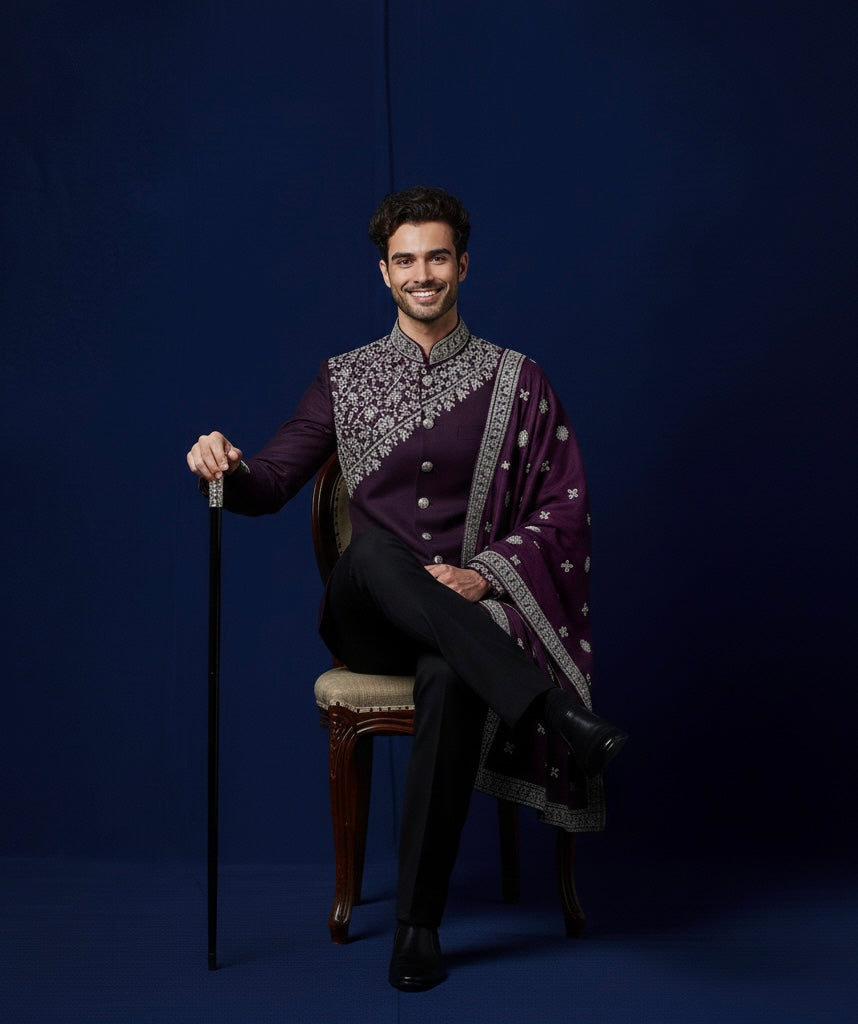 Man in a traditional outfit with a cane sitting on a chair against a dark blue background